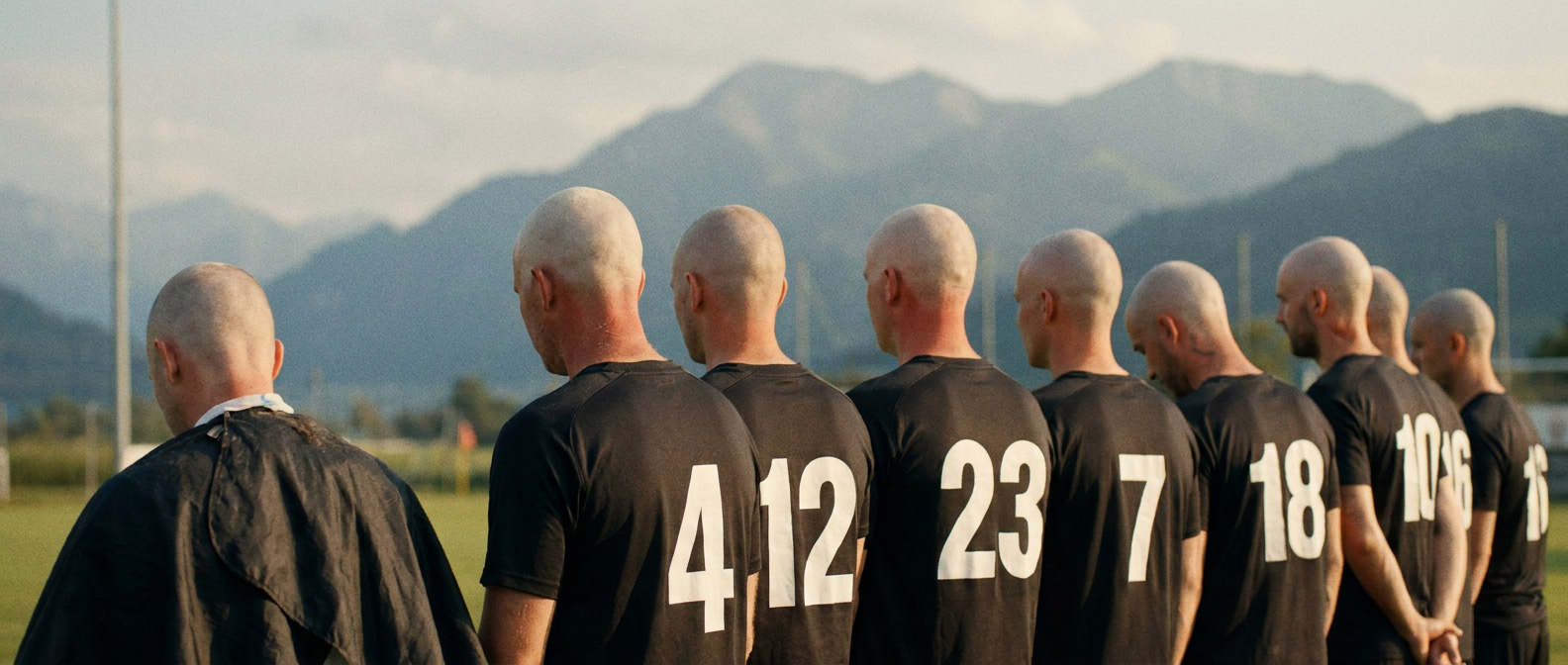 Une équipe de football alignée, tous rasés